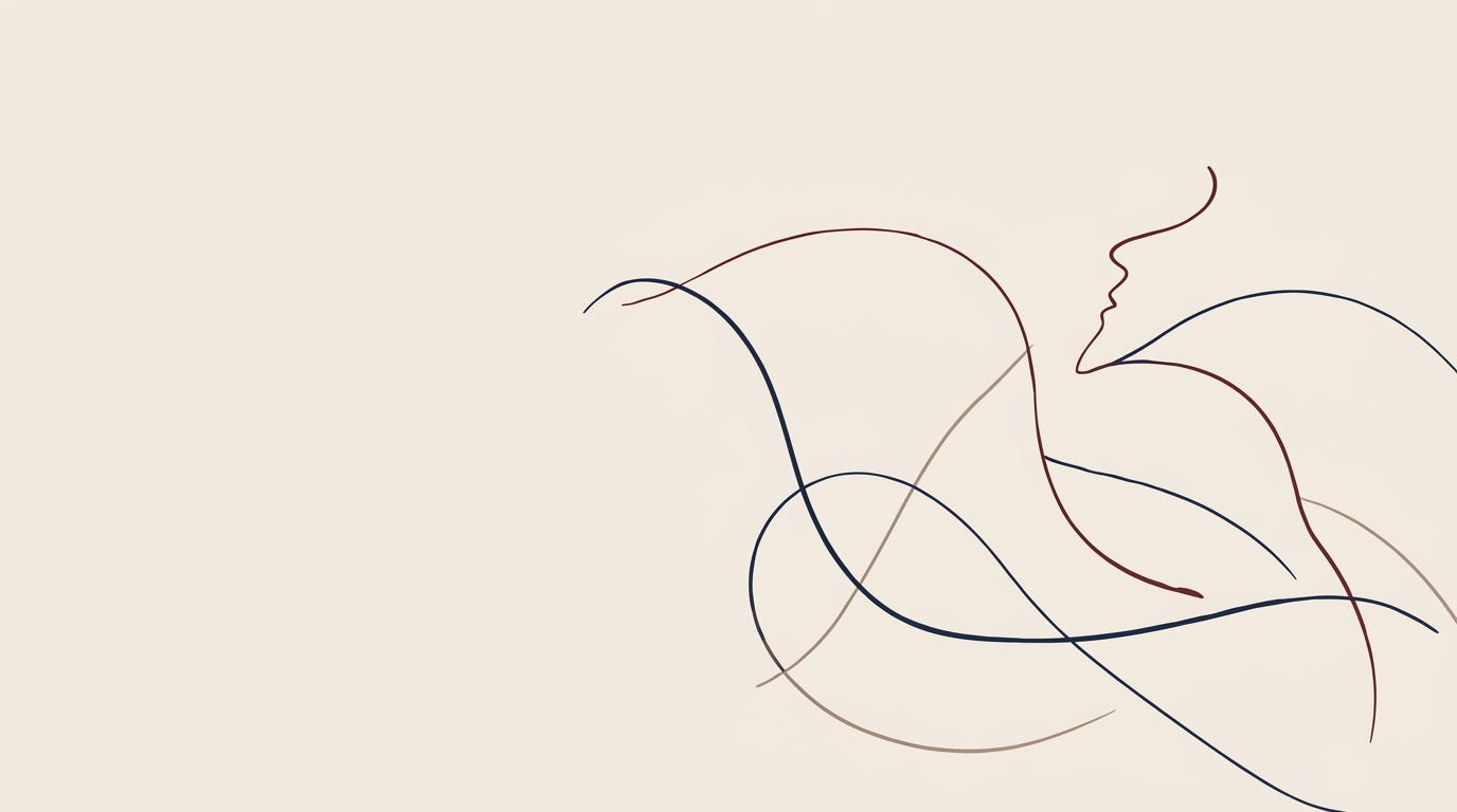 Thin flowing line drawing in navy, burgundy and taupe